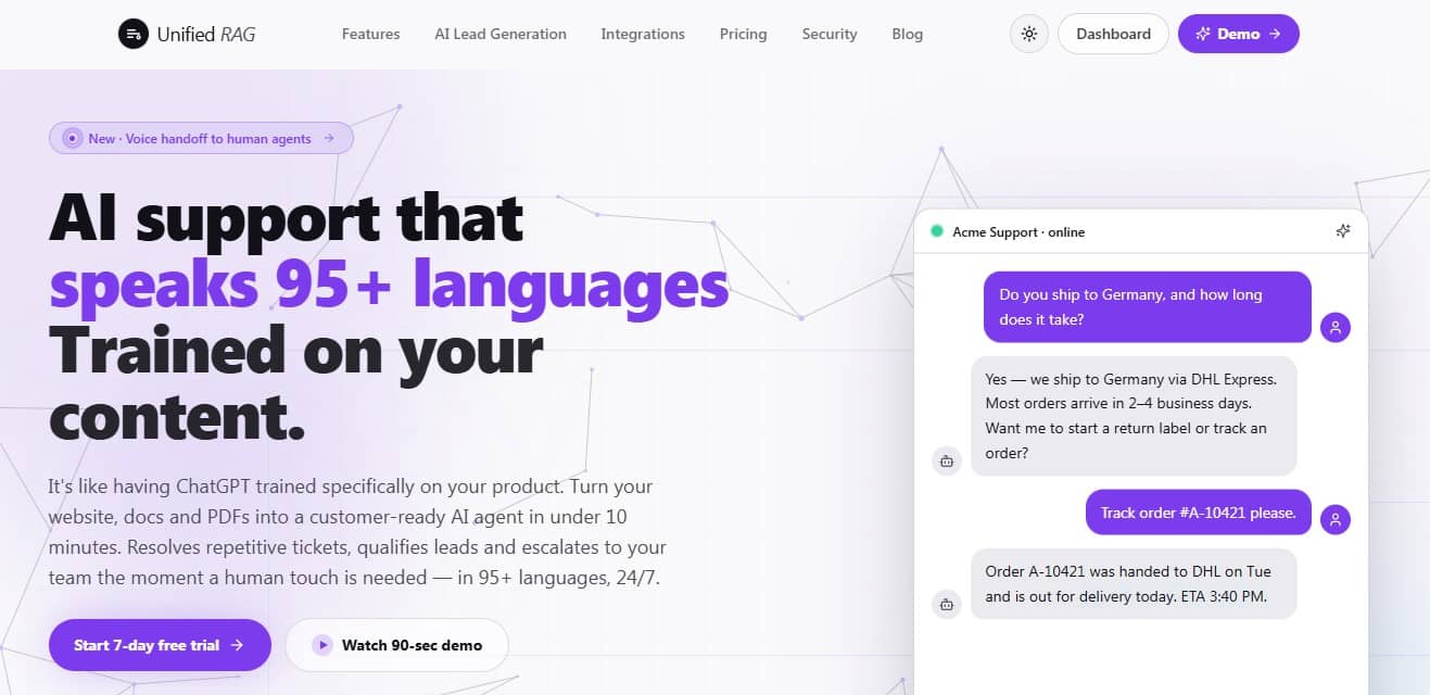 Unified RAG - AI customer support chatbot trained on your content.